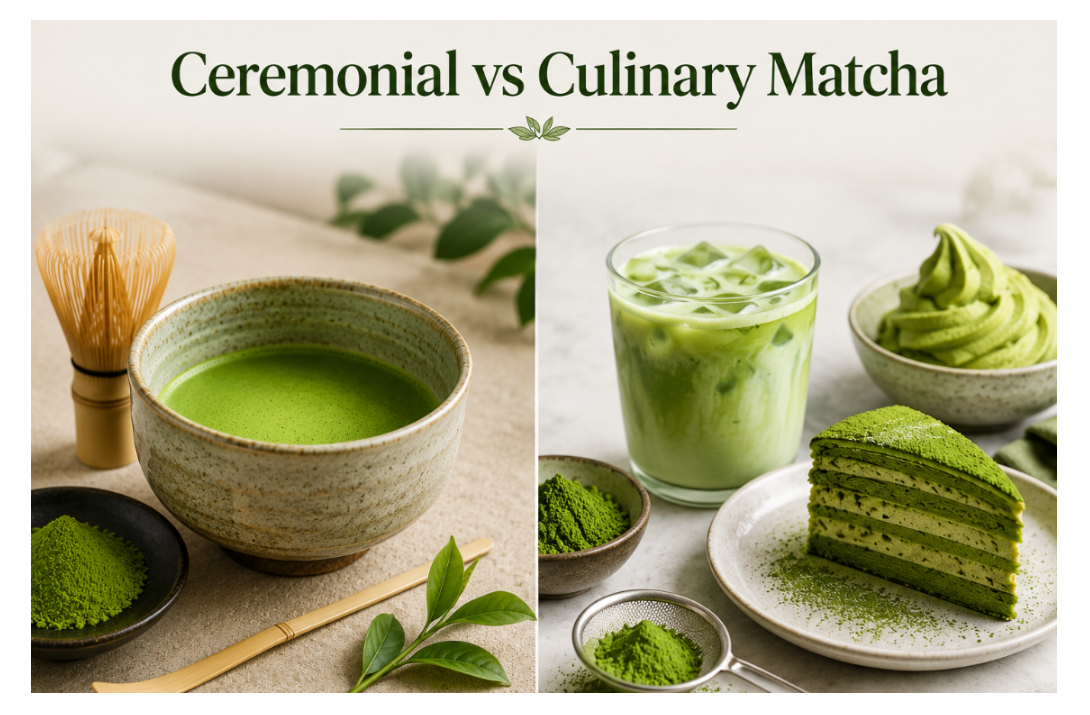 Vivid green ceremonial grade matcha powder next to duller culinary grade matcha for comparison