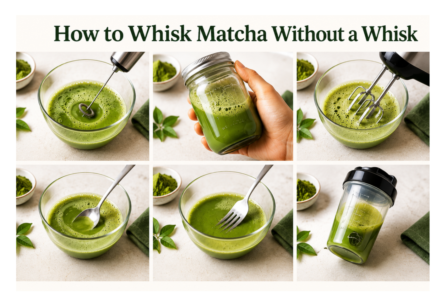 Matcha being shaken in a glass jar to make foam without a bamboo whisk